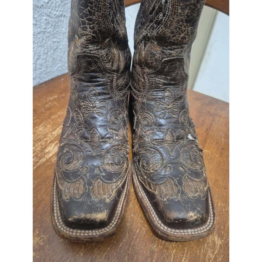 Corral  Chocolate Snake Inlay Brown Square Toe Boot Model A2404 Woman’s 7.5M